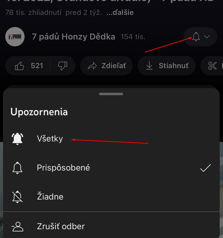 Ukážka odber youtube na telefóne